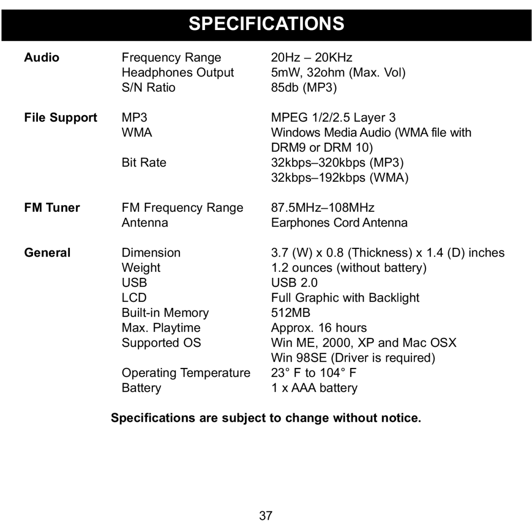 Memorex MMP3774 manual Specifications, Audio File Support 