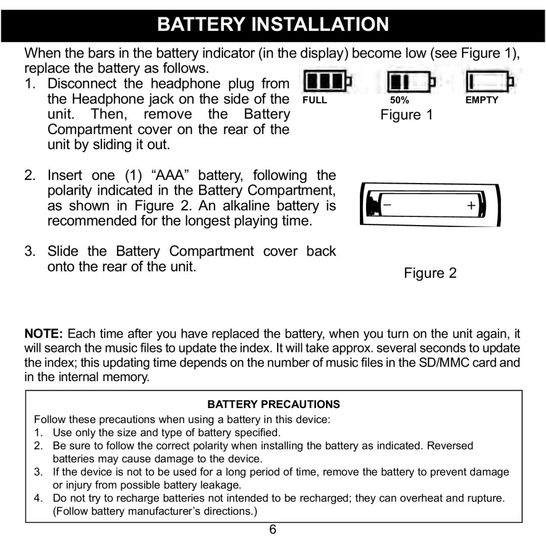 Memorex MMP3774 manual Battery Installation, Battery Precautions 