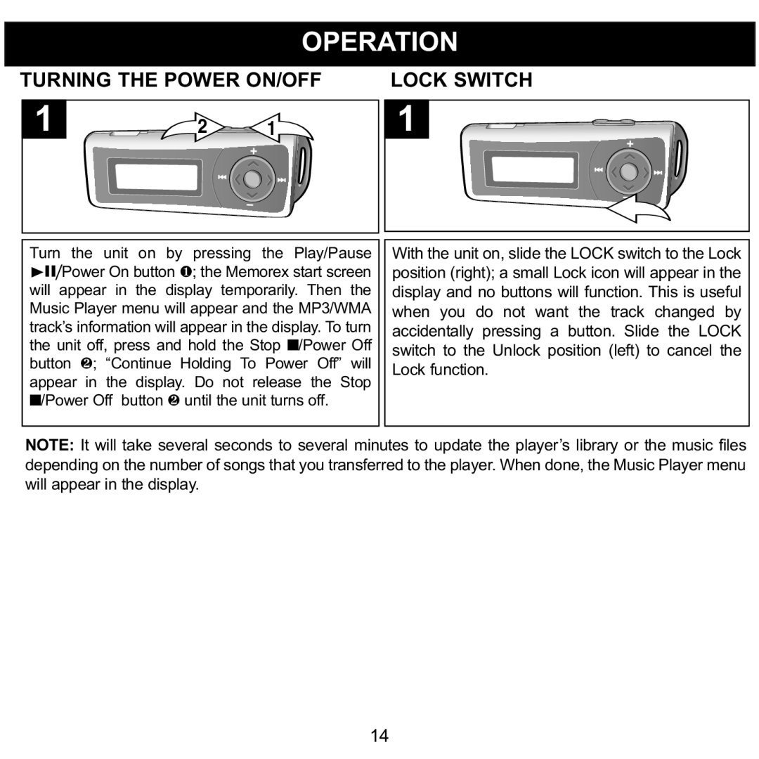 Memorex MMP3780 manual Operation, Turning the Power ON/OFF Lock Switch 