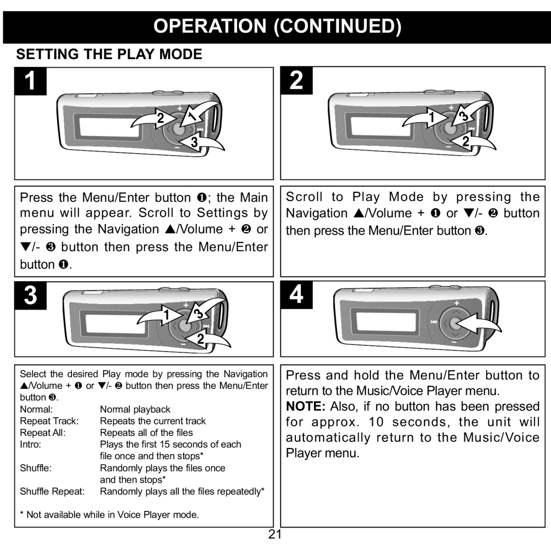 Memorex MMP3780 manual Setting the Play Mode, Player menu 