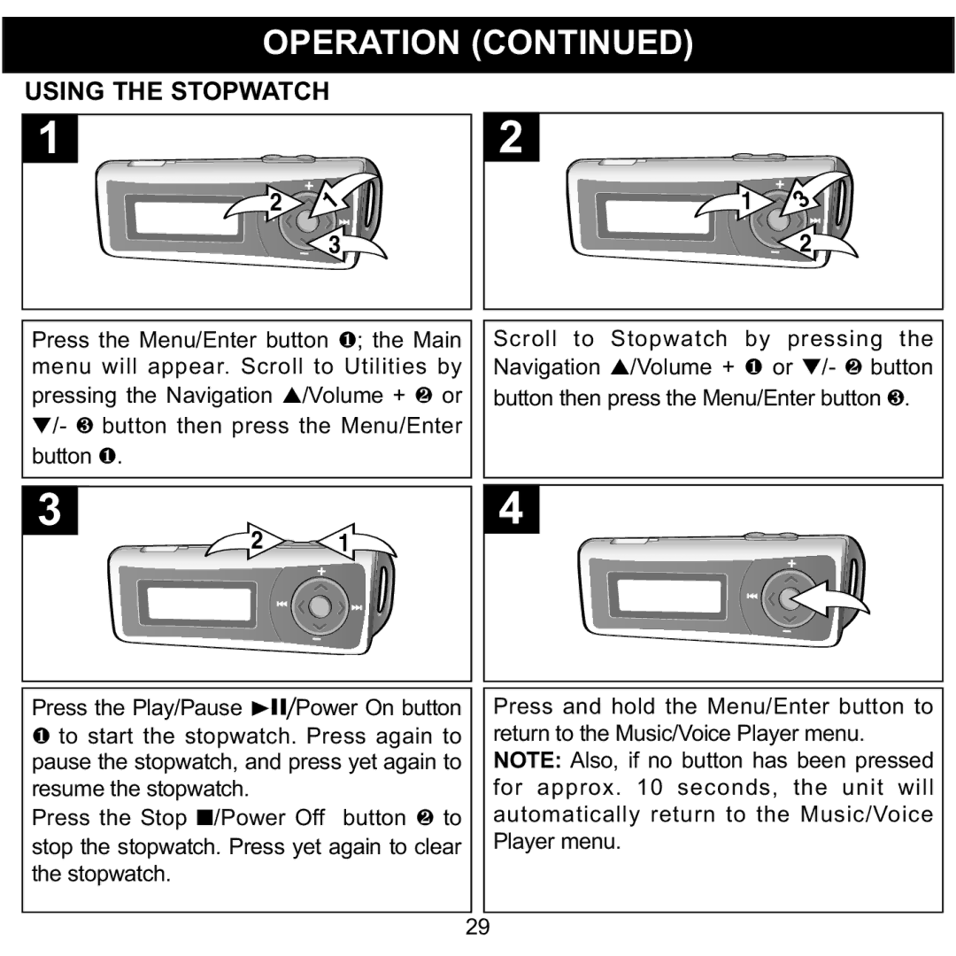 Memorex MMP3780 manual Using the Stopwatch 