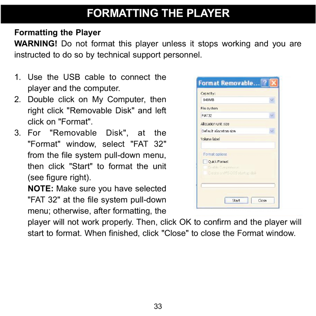 Memorex MMP3780 manual Formatting the Player 