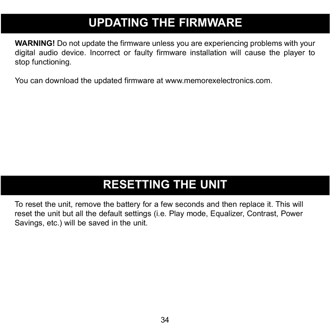 Memorex MMP3780 manual Updating the Firmware Resetting the Unit 