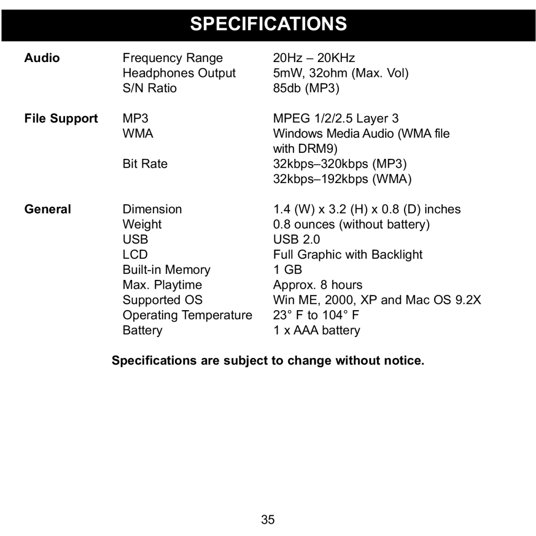 Memorex MMP3780 manual Specifications, Audio File Support General 