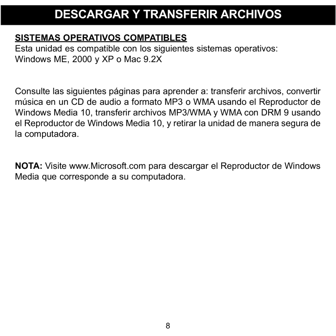 Memorex MMP3780 manual Descargar Y Transferir Archivos, Sistemas Operativos Compatibles 