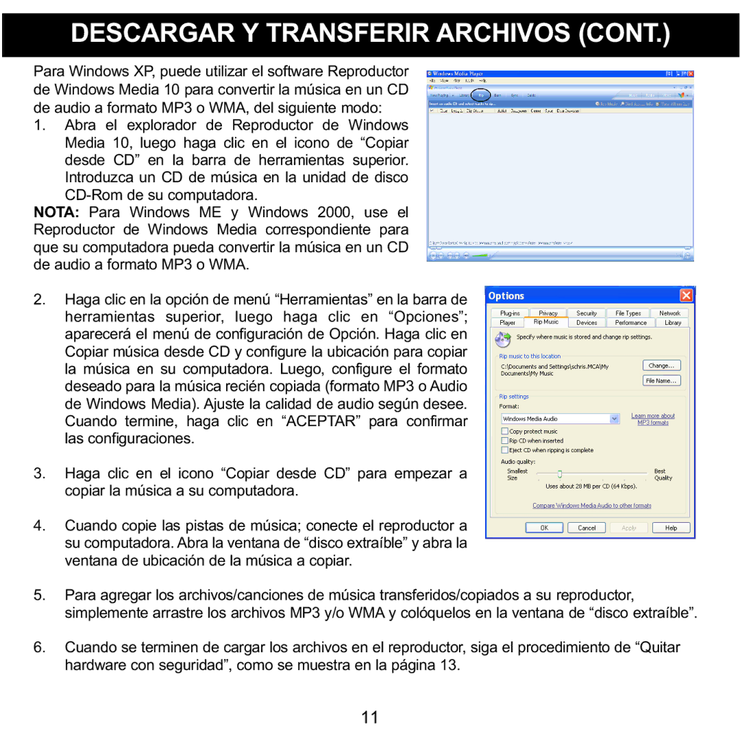 Memorex MMP3780 manual Descargar Y Transferir Archivos 