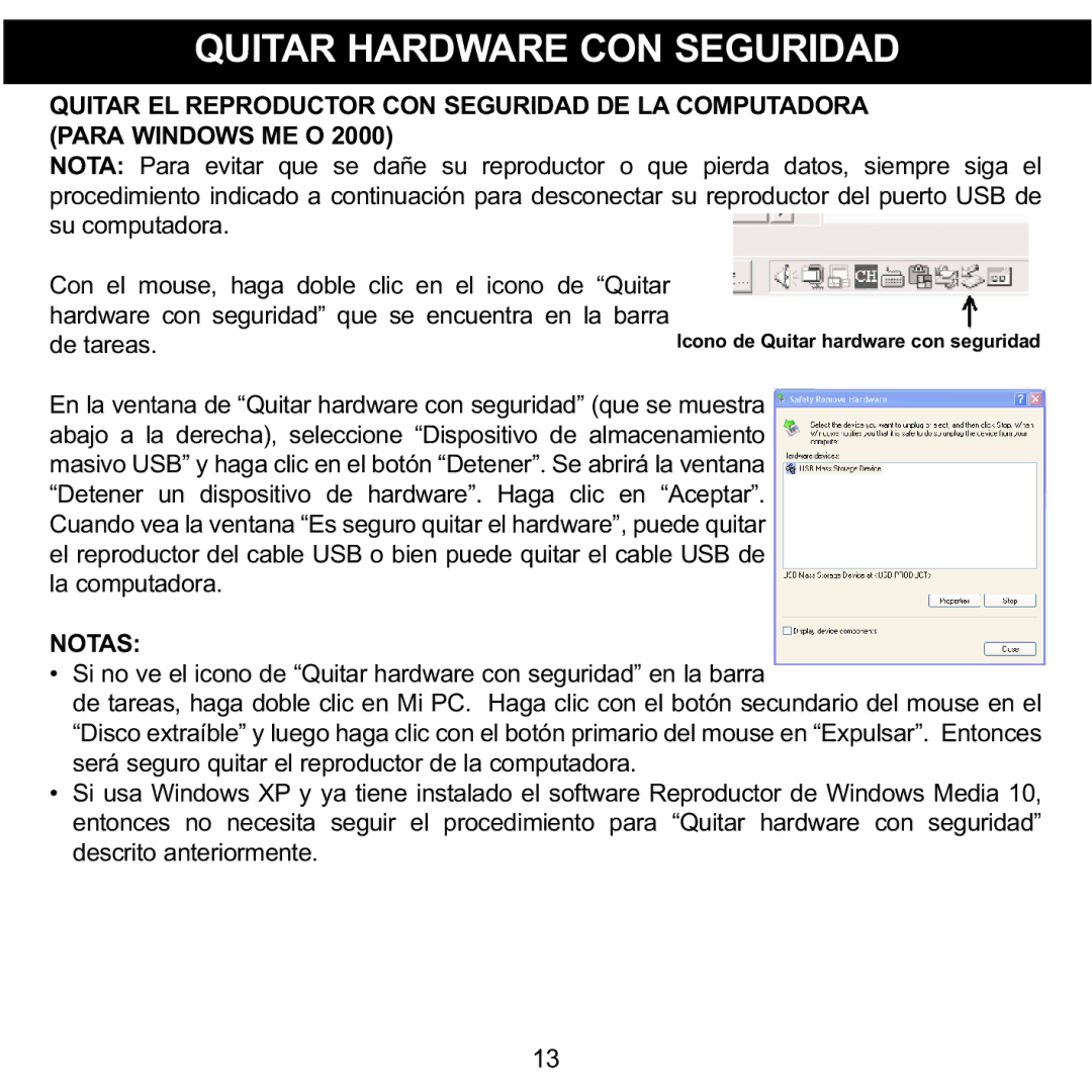 Memorex MMP3780 manual Quitar Hardware CON Seguridad, Notas 