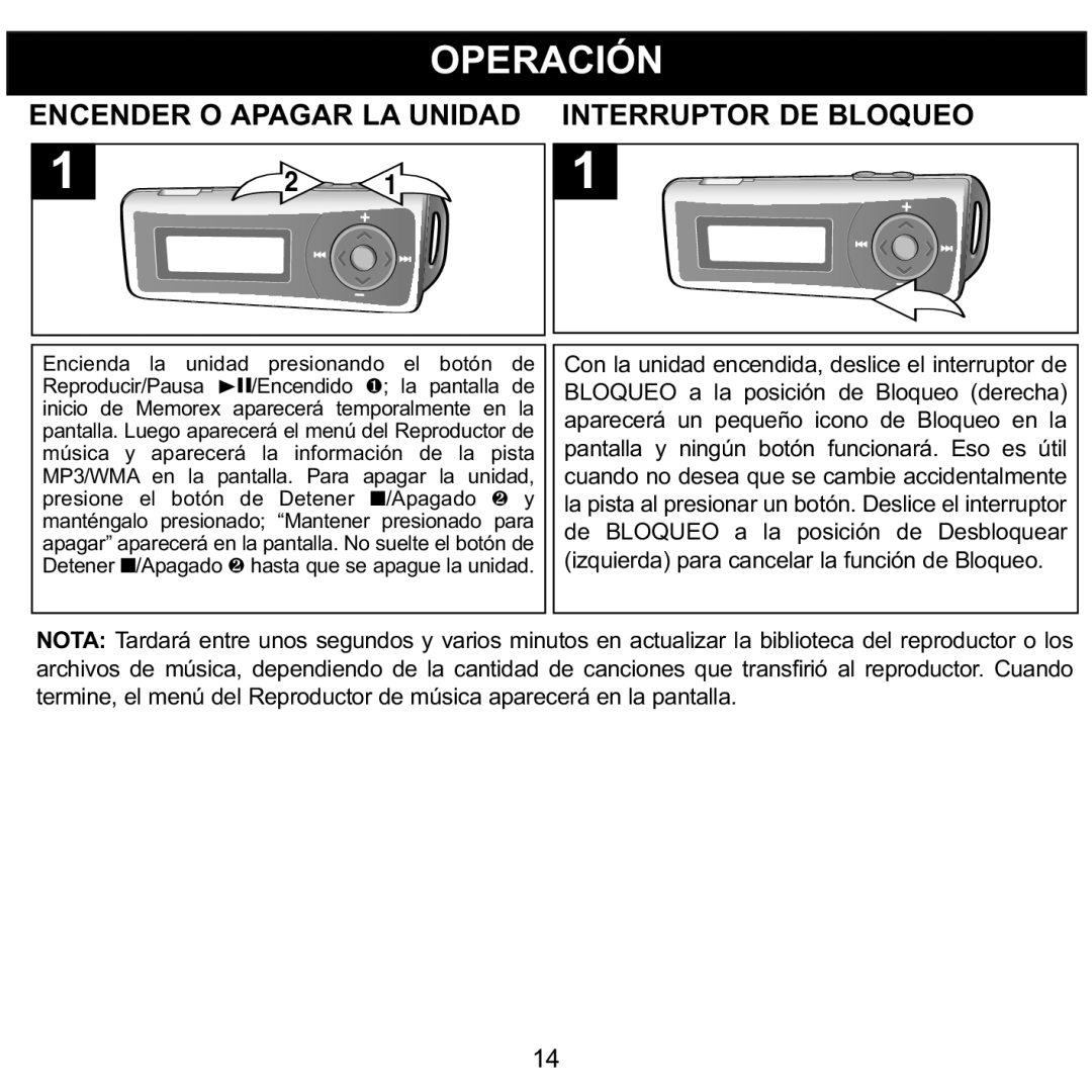 Memorex MMP3780 manual Operación, Encender O Apagar LA Unidad Interruptor DE Bloqueo 