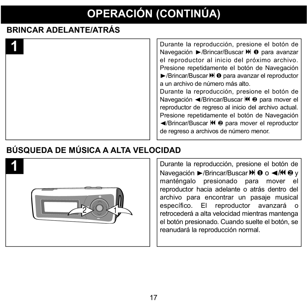 Memorex MMP3780 manual Brincar ADELANTE/ATRÁS, Búsqueda DE Música a Alta Velocidad 