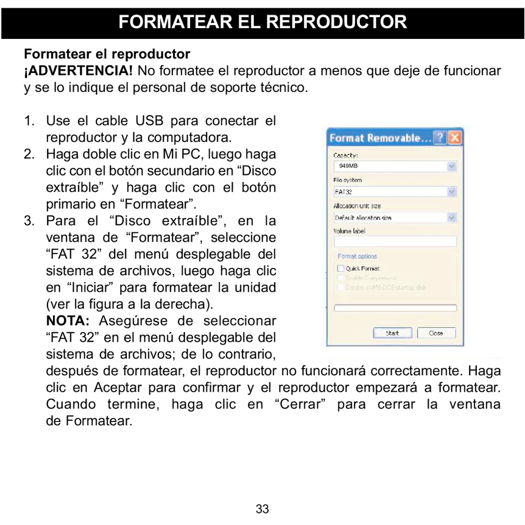 Memorex MMP3780 manual Formatear EL Reproductor, Nota 