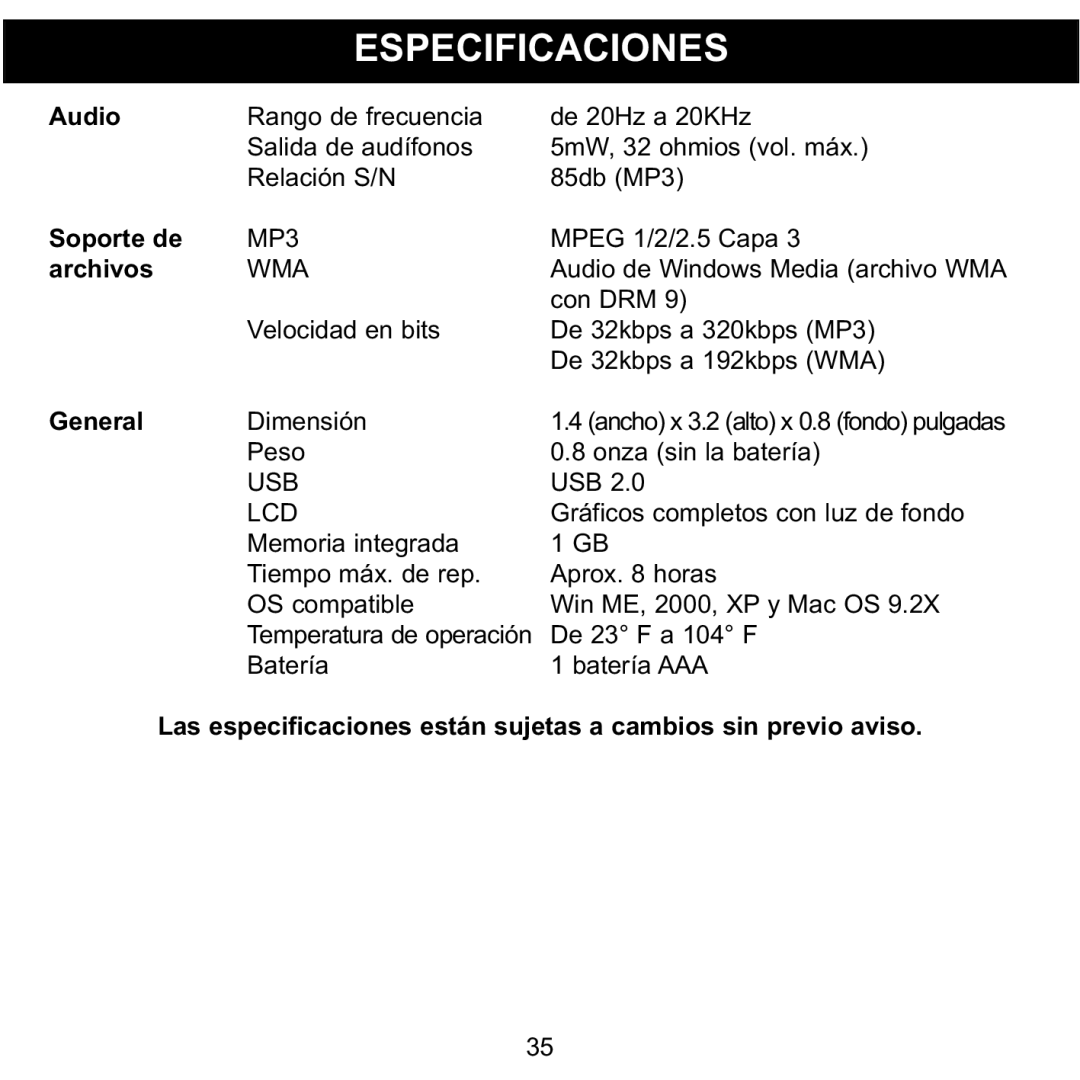 Memorex MMP3780 manual Especificaciones 