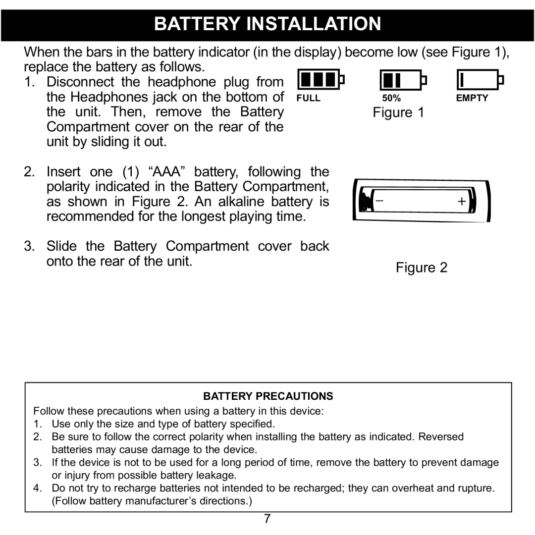 Memorex MMP3780 manual Battery Installation, Battery Precautions 