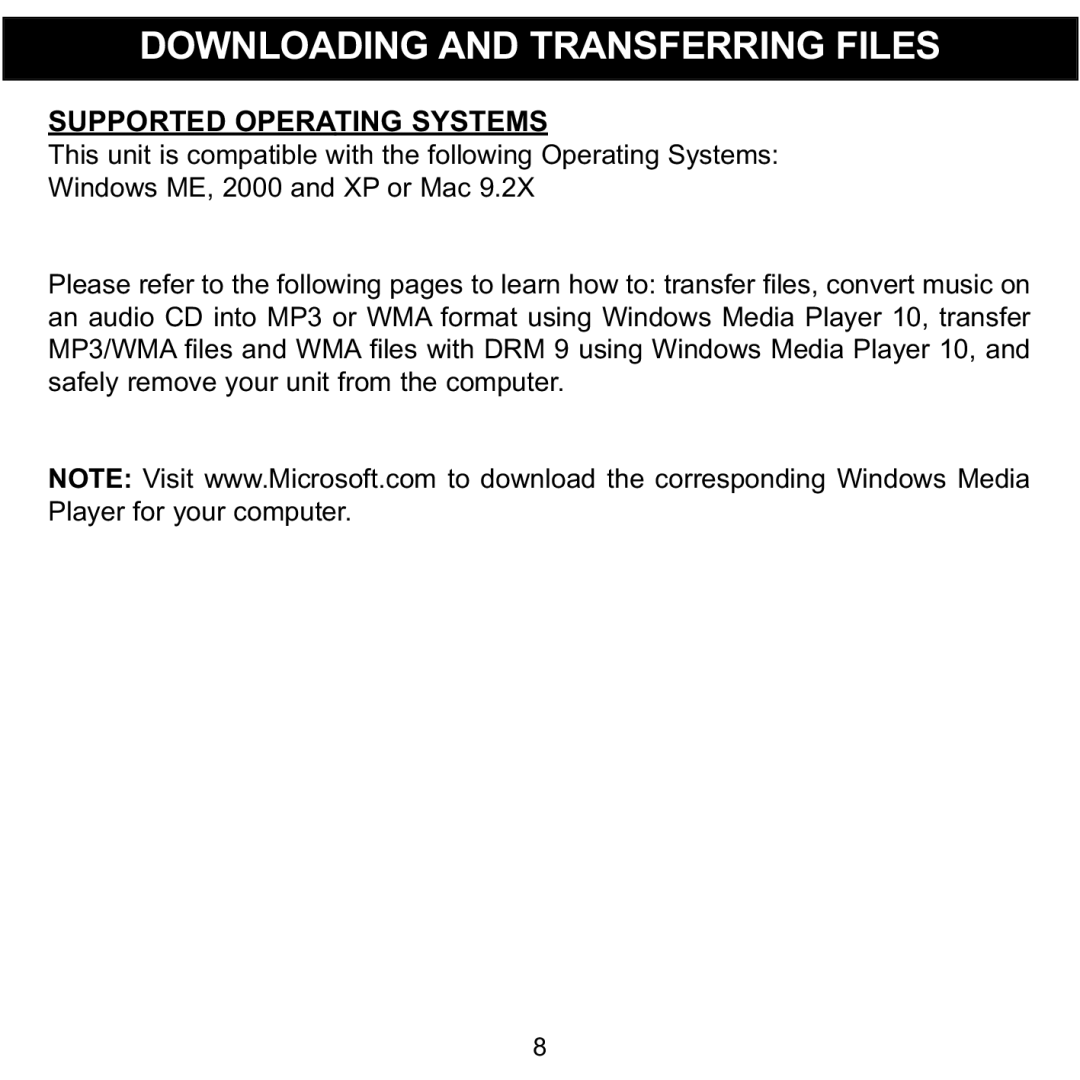 Memorex MMP3780 manual Downloading and Transferring Files, Supported Operating Systems 