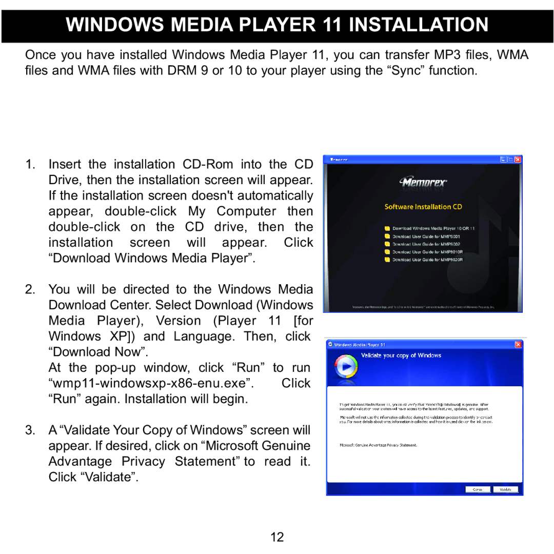 Memorex MMP8001, MMP8002 manual Windows Media Player 11 Installation 