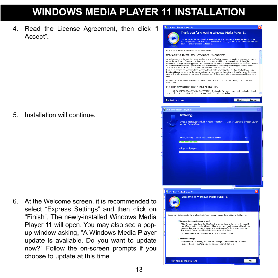 Memorex MMP8002, MMP8001 manual Windows Media Player 11 Installation 