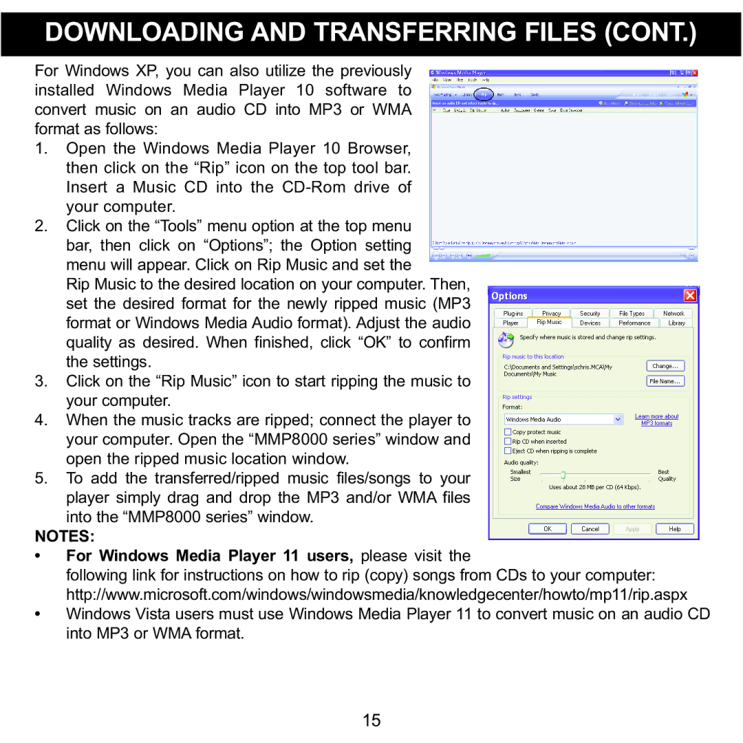 Memorex MMP8002, MMP8001 manual For Windows Media Player 11 users, please visit 