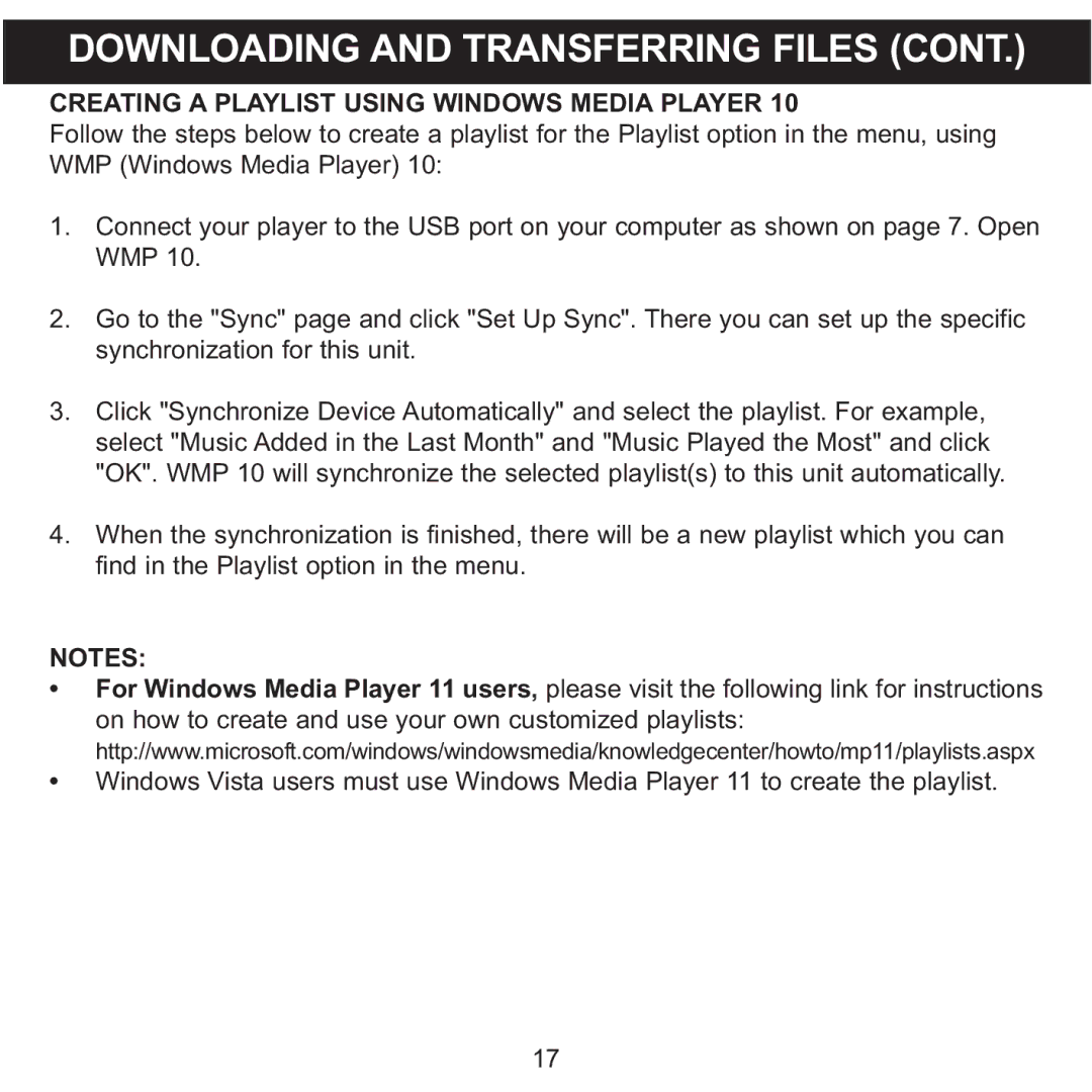 Memorex MMP8002, MMP8001 manual Creating a Playlist Using Windows Media Player 