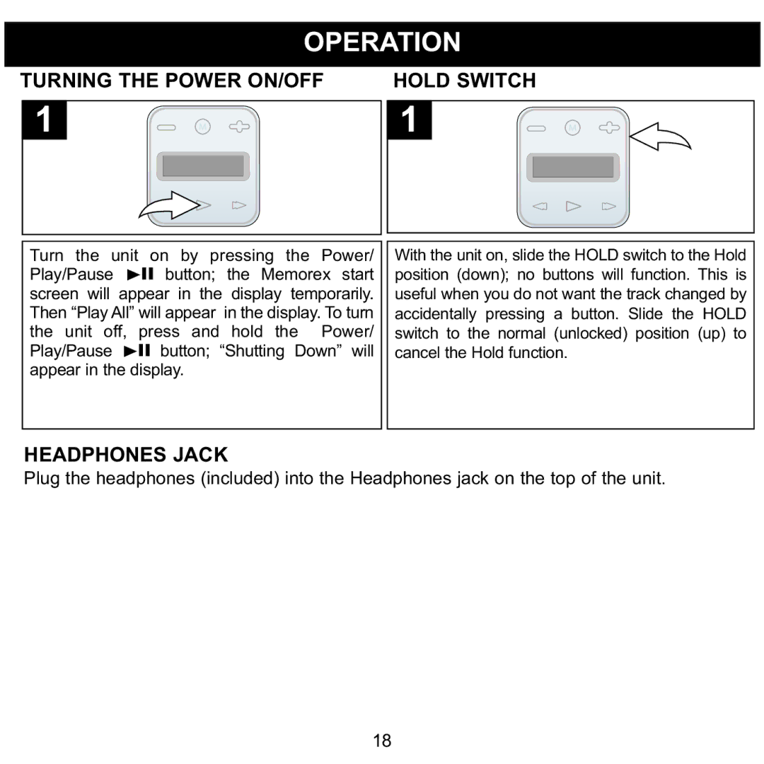 Memorex MMP8001, MMP8002 manual Operation, Turning the Power ON/OFF Hold Switch, Headphones Jack 