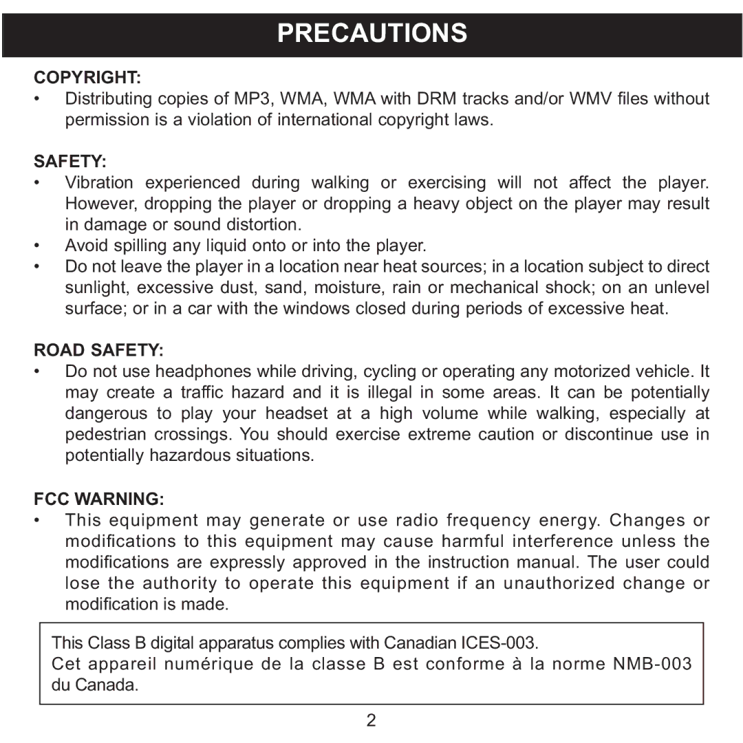 Memorex MMP8001, MMP8002 manual Precautions, Copyright, Road Safety, FCC Warning 