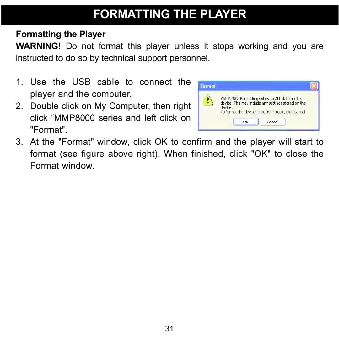 Memorex MMP8002, MMP8001 manual Formatting the Player 