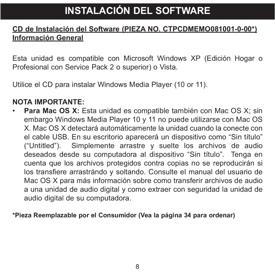 Memorex MMP8001, MMP8002 manual Instalación DEL Software, Nota Importante 