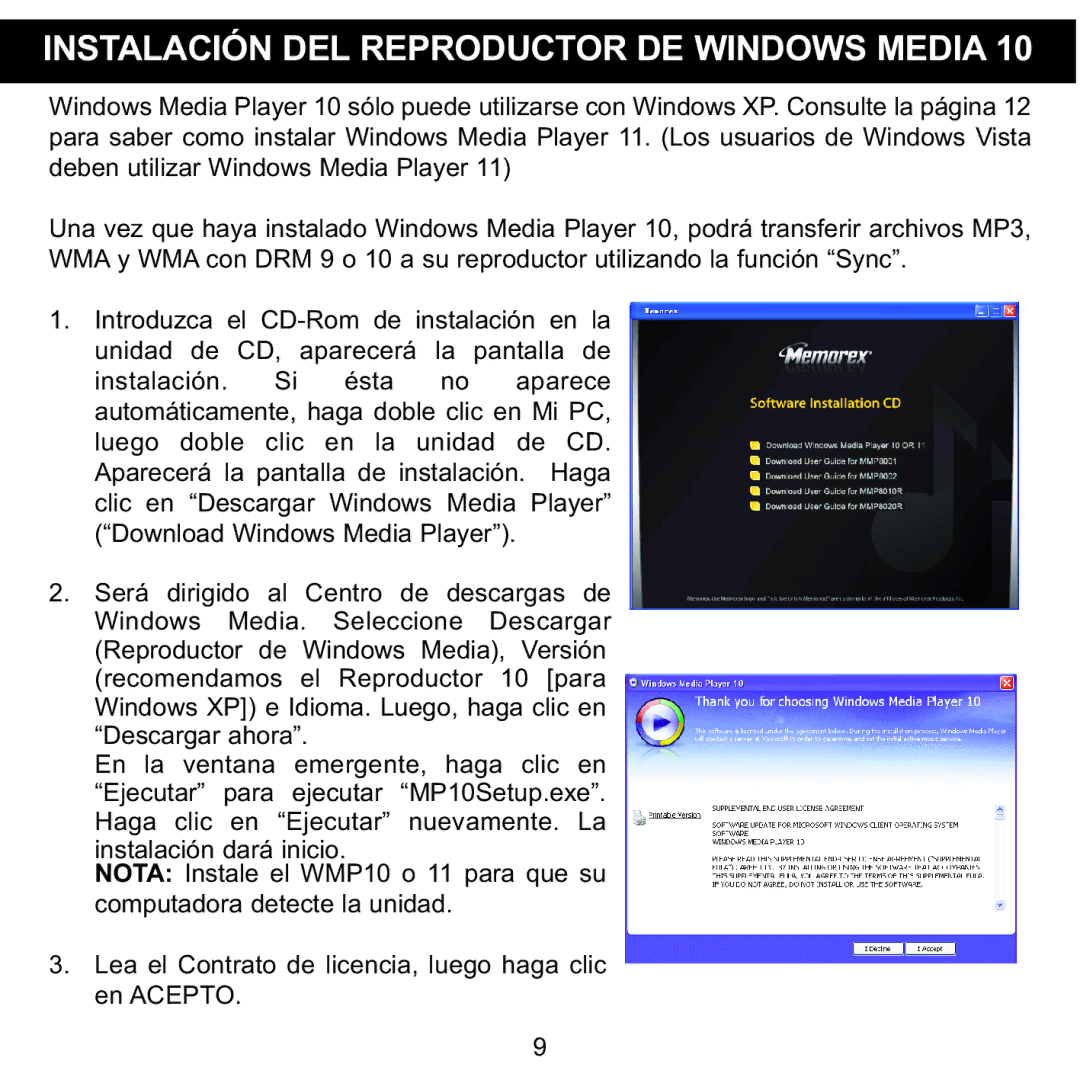 Memorex MMP8002, MMP8001 manual Instalación DEL Reproductor DE Windows Media 