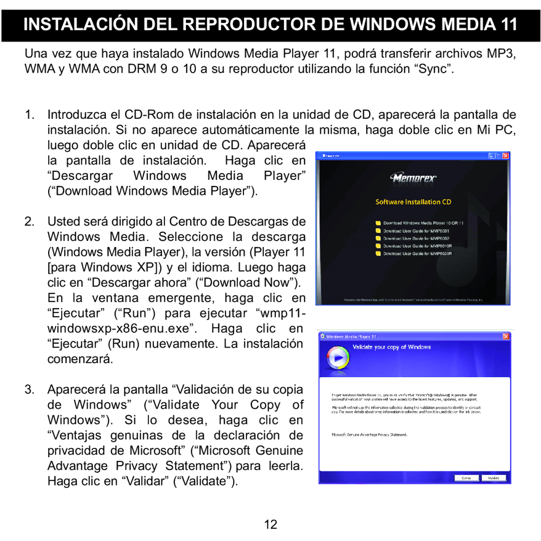 Memorex MMP8001, MMP8002 manual Instalación DEL Reproductor DE Windows Media 