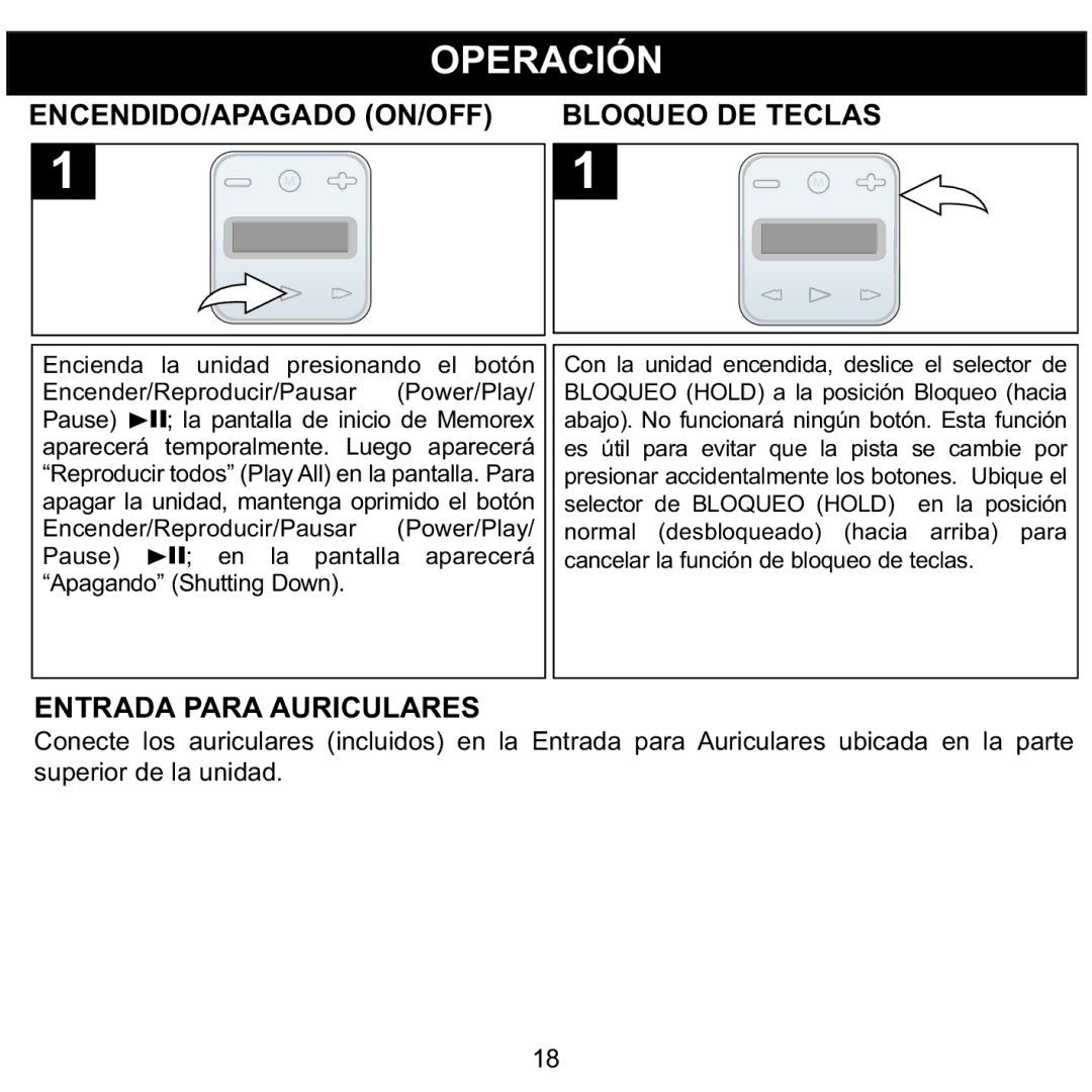 Memorex MMP8001, MMP8002 manual Operación, ENCENDIDO/APAGADO ON/OFF Bloqueo DE Teclas, Entrada Para Auriculares 