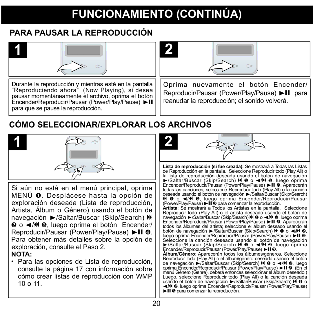 Memorex MMP8001, MMP8002 manual Para Pausar LA Reproducción, Cómo SELECCIONAR/EXPLORAR LOS Archivos 