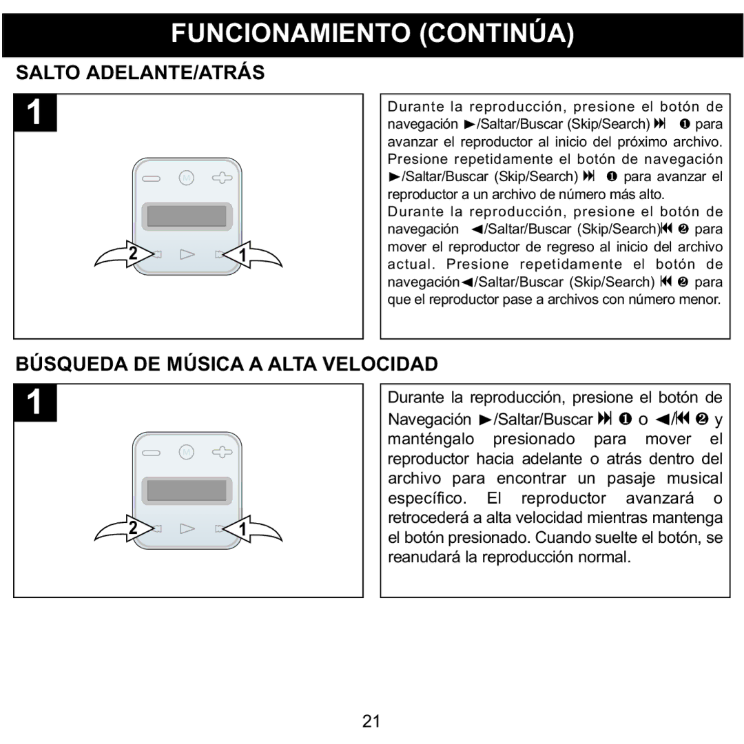 Memorex MMP8002, MMP8001 manual Salto ADELANTE/ATRÁS, Búsqueda DE Música a Alta Velocidad 