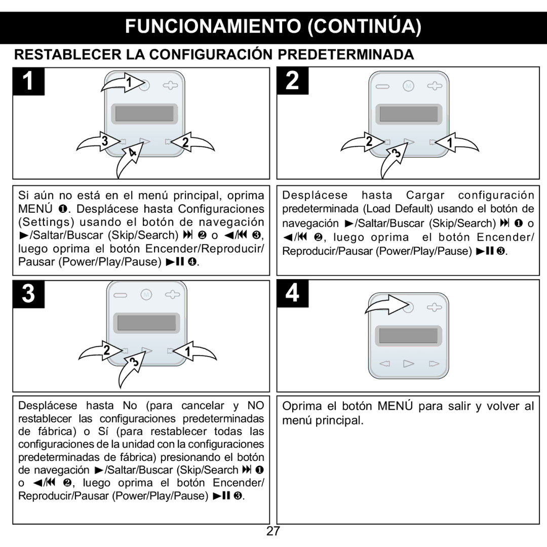 Memorex MMP8002, MMP8001 manual Restablecer LA Configuración Predeterminada 