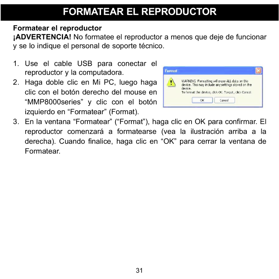 Memorex MMP8002, MMP8001 manual Formatear EL Reproductor, Formatear el reproductor 