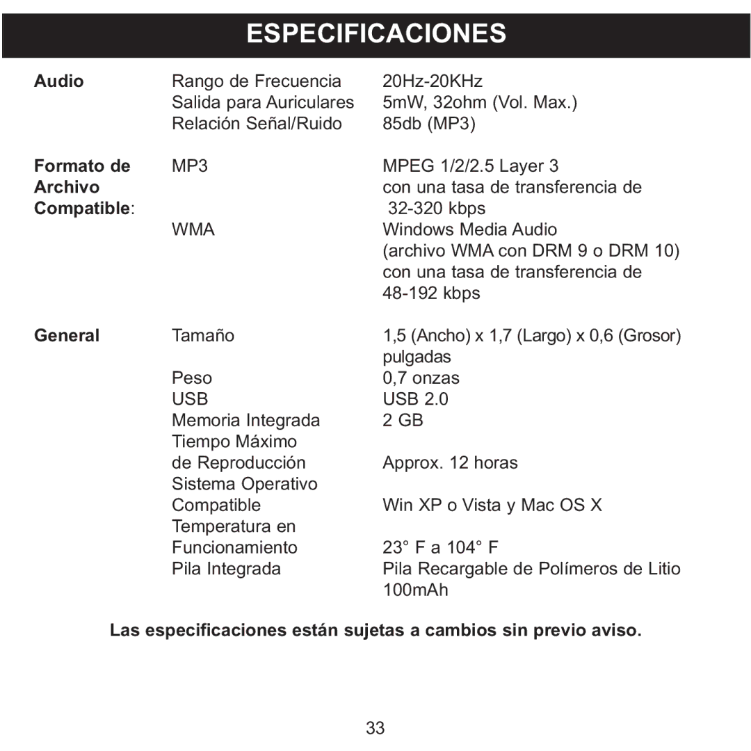 Memorex MMP8002, MMP8001 manual Especificaciones 