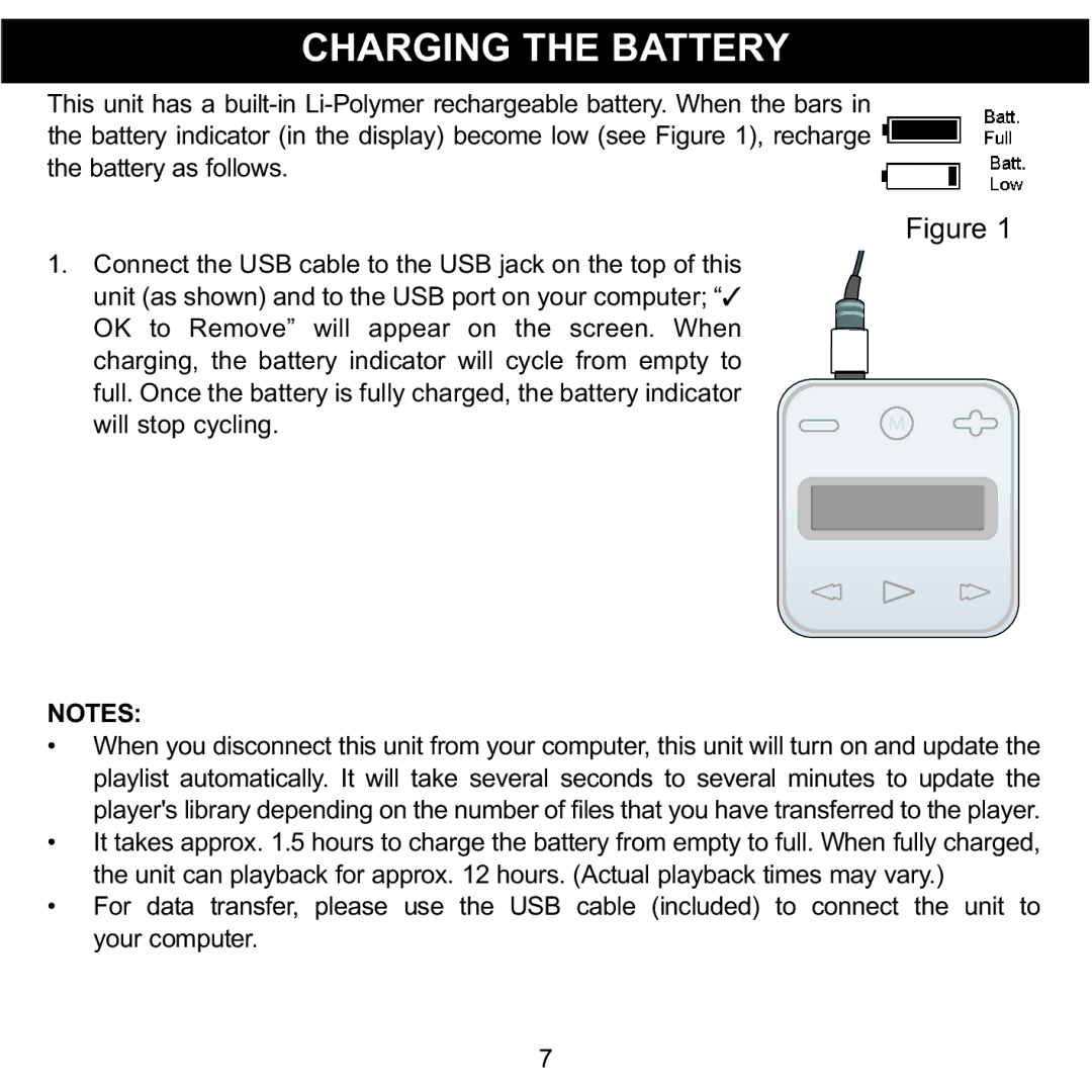 Memorex MMP8002, MMP8001 manual Charging the Battery 