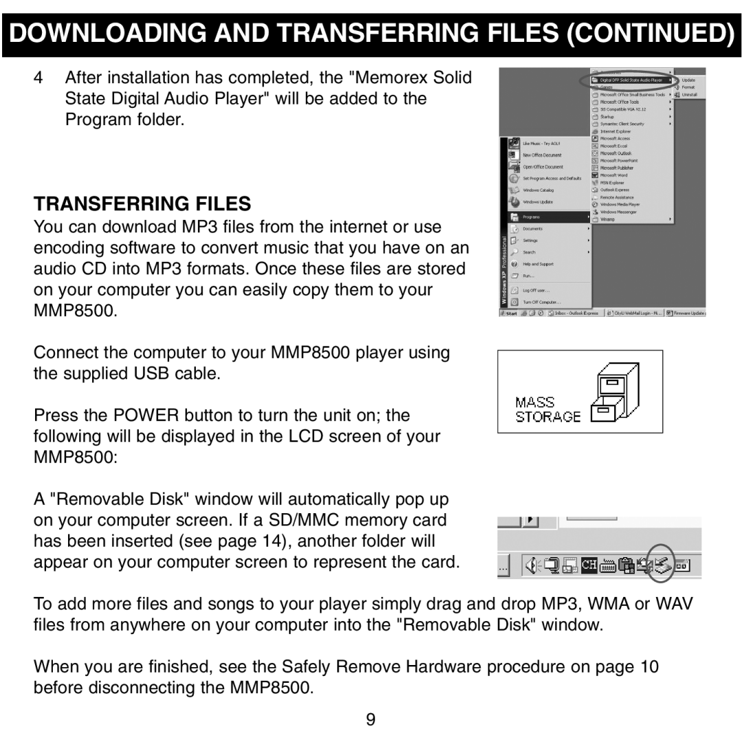 Memorex MMP8500 manual Transferring Files 