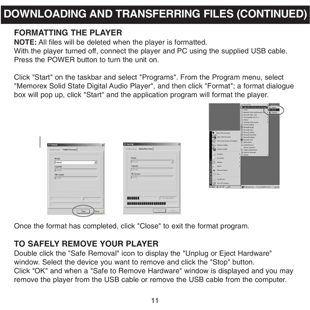 Memorex MMP8500 manual Formatting the Player, To Safely Remove Your Player 