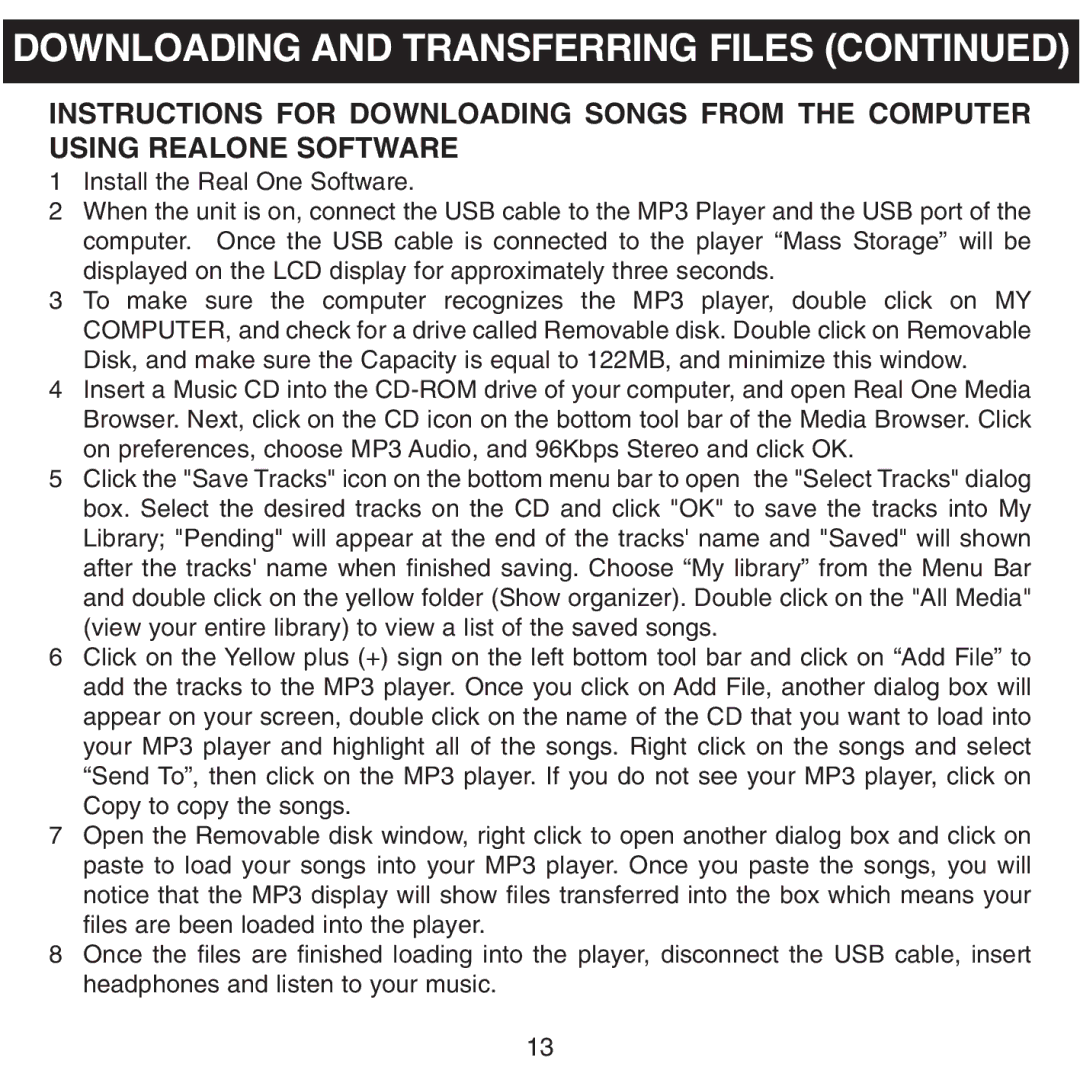 Memorex MMP8500 manual Downloading and Transferring Files 