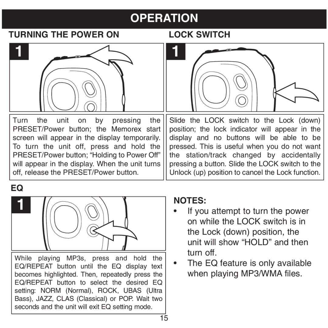 Memorex MMP8500 manual Operation, Turning the Power on Lock Switch 