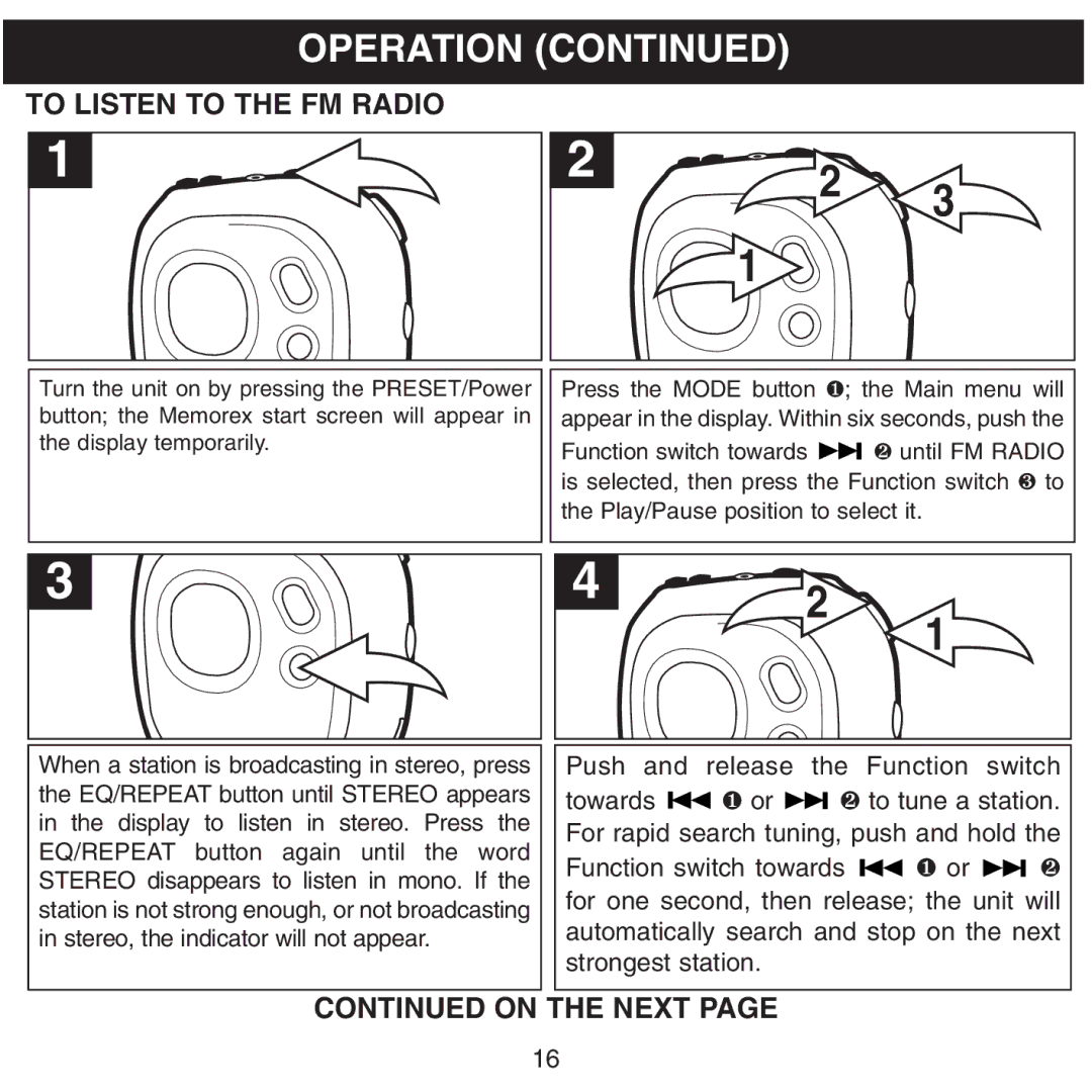Memorex MMP8500 manual To Listen to the FM Radio, On the Next 