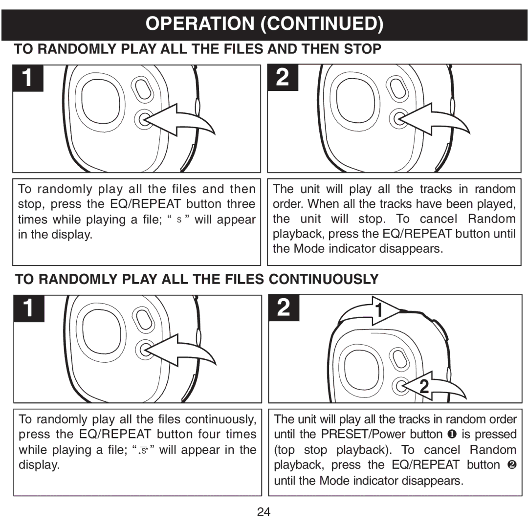 Memorex MMP8500 manual To Randomly Play ALL the Files and then Stop, To Randomly Play ALL the Files Continuously 
