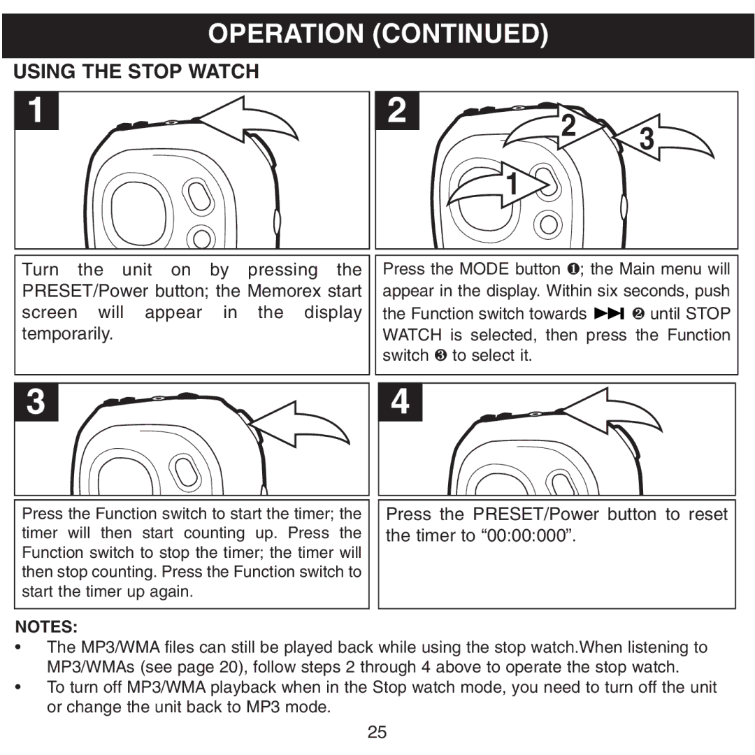 Memorex MMP8500 manual Using the Stop Watch, Press the PRESET/Power button to reset the timer to 