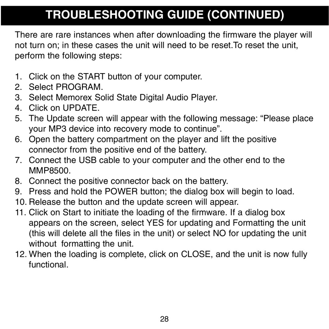 Memorex MMP8500 manual Troubleshooting Guide 