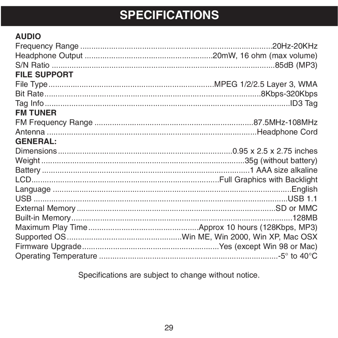 Memorex MMP8500 manual Specifications, General 