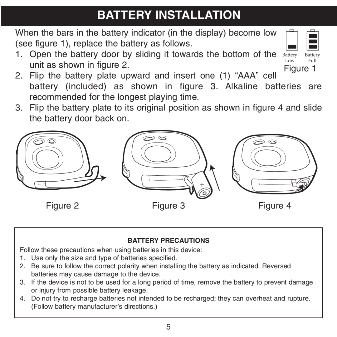 Memorex MMP8500 manual Battery Installation, Battery Precautions 