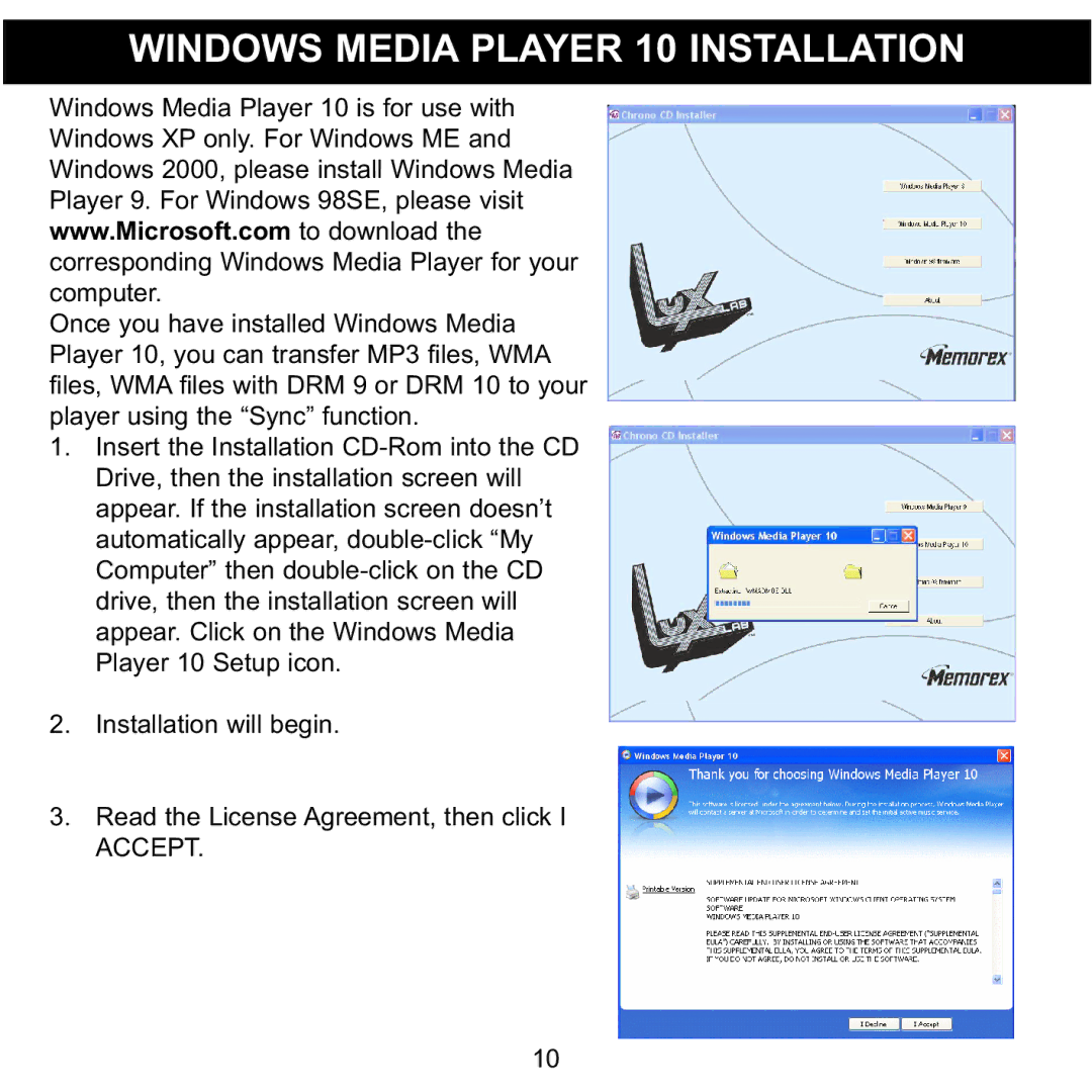 Memorex MMP8550 manual Windows Media Player 10 Installation 