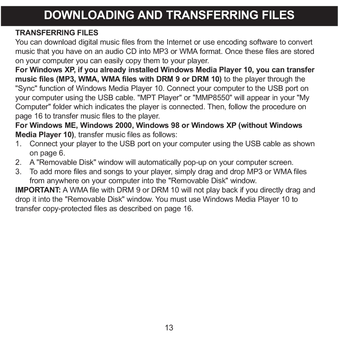 Memorex MMP8550 manual Downloading and Transferring Files 