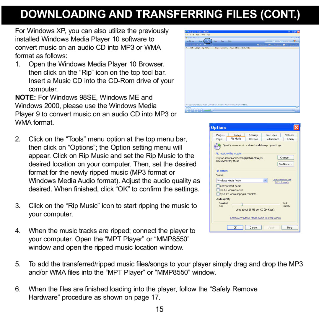 Memorex MMP8550 manual Downloading and Transferring Files 