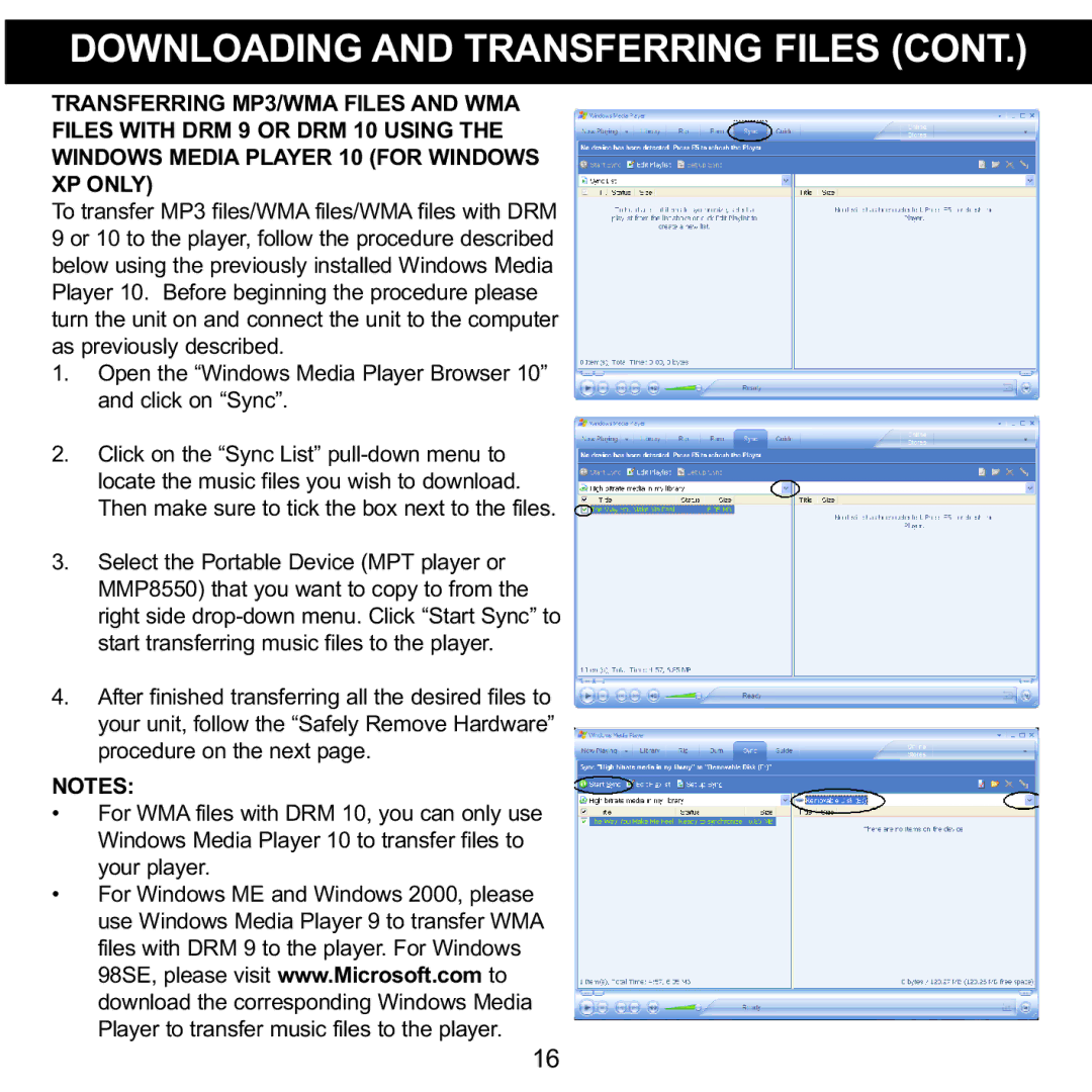 Memorex MMP8550 manual Downloading and Transferring Files 