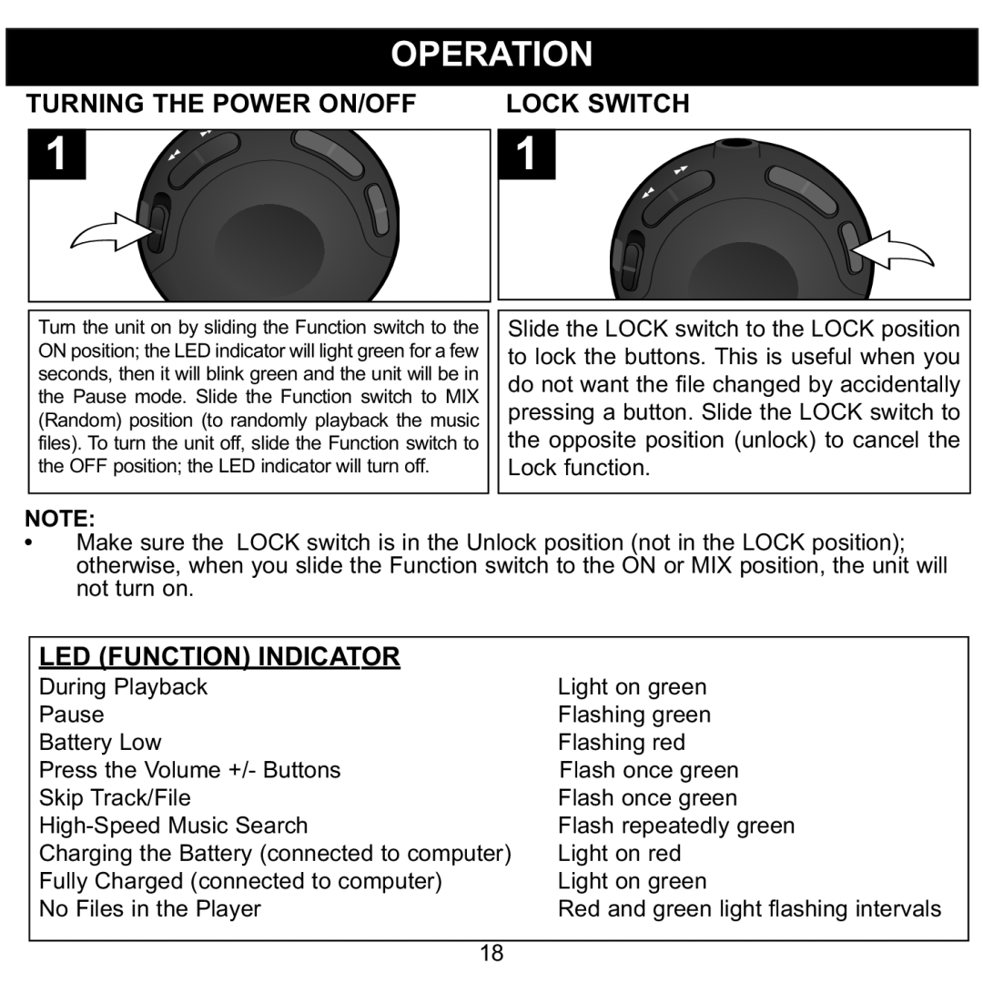 Memorex MMP8550 manual Operation, Turning the Power ON/OFF Lock Switch, LED Function Indicator 