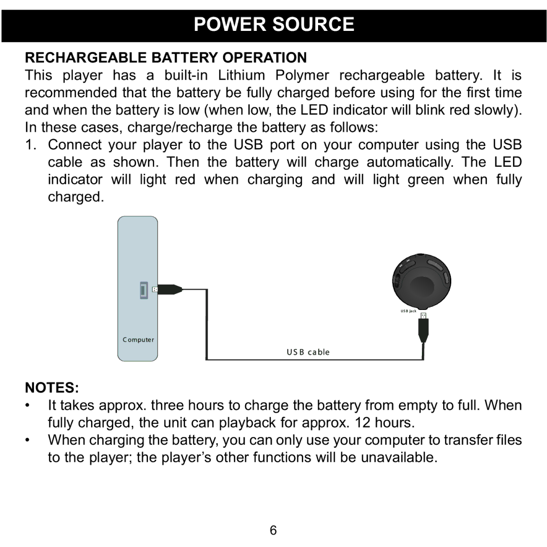 Memorex MMP8550 manual Power Source, Rechargeable Battery Operation 